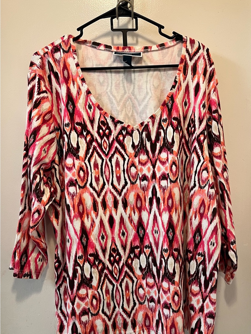 Karen Scott Pink and Orange Ikat V-Neck Blouse